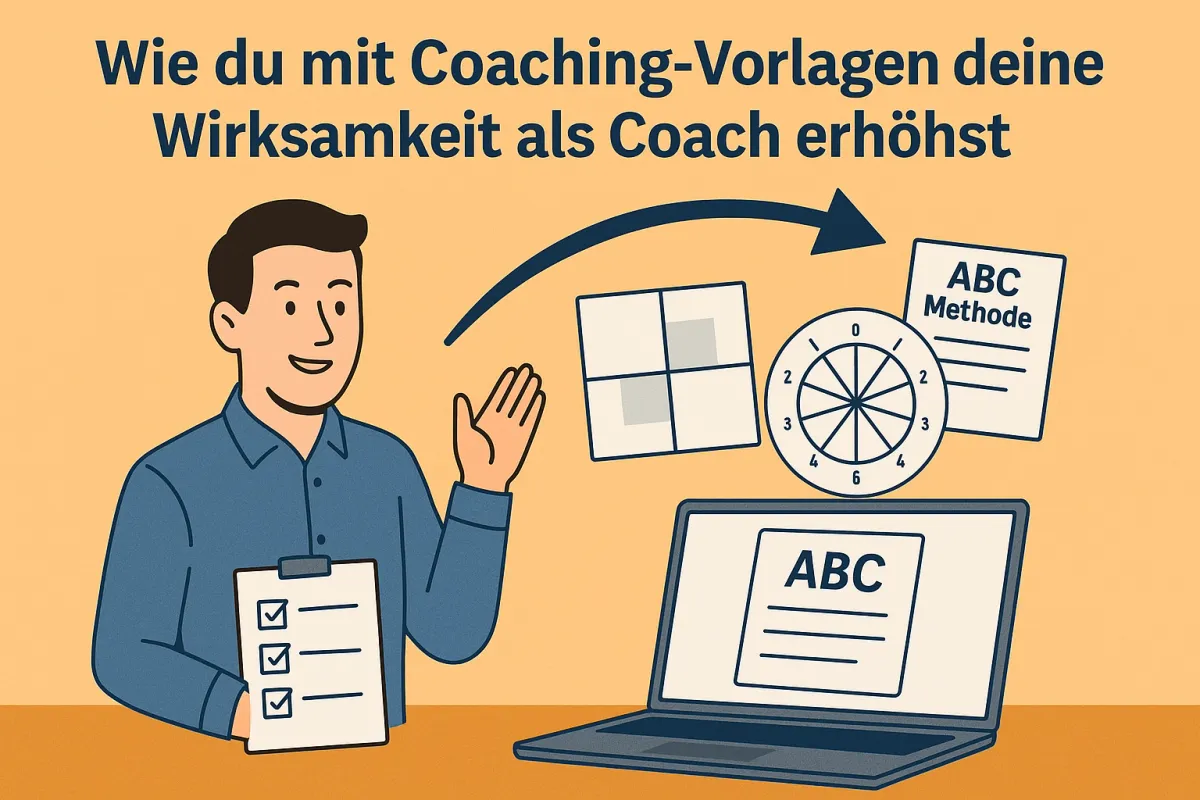 Illustration eines Coaches mit Coaching-Vorlagen: ABC-Methode, Lebensuhr und Wertequadrat im Einsatz – visuell dargestellt auf orangefarbenem Hintergrund im Querformat.