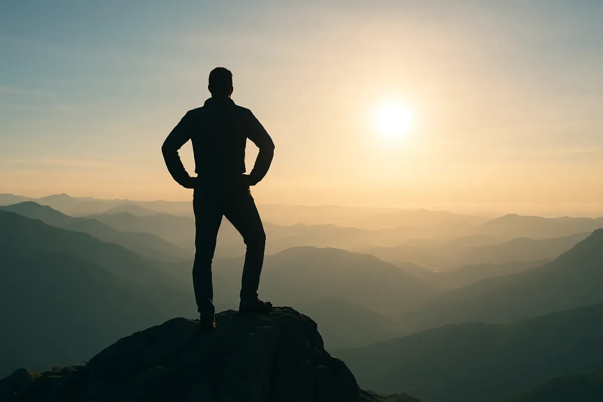 Silhouette eines Mannes auf einem Berggipfel im Sonnenaufgang – Symbol für Selbstbewusstsein, Wachstum und innere Klarheit.