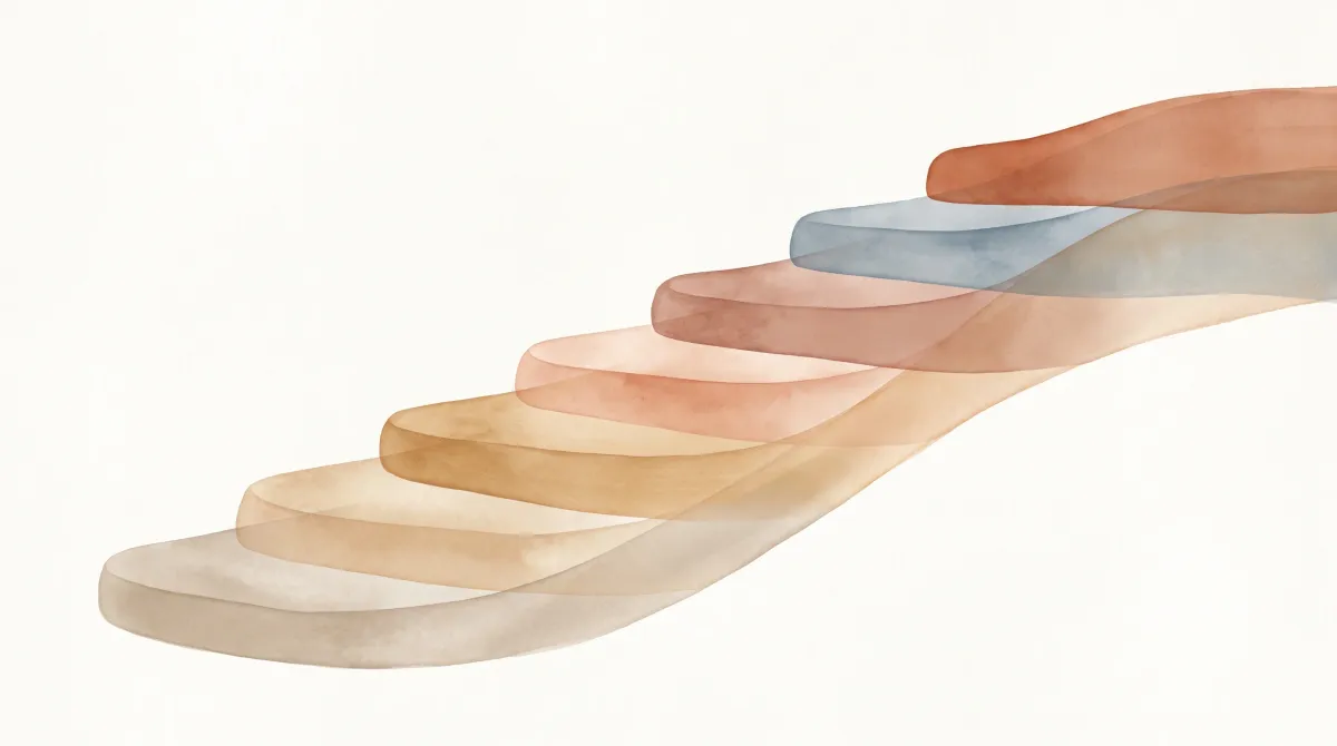 Abstrakte Illustration mit sieben ansteigenden, ineinander übergehenden Ebenen in warmen Erdtönen, Sinnbild der Logischen Ebenen nach Dilts.