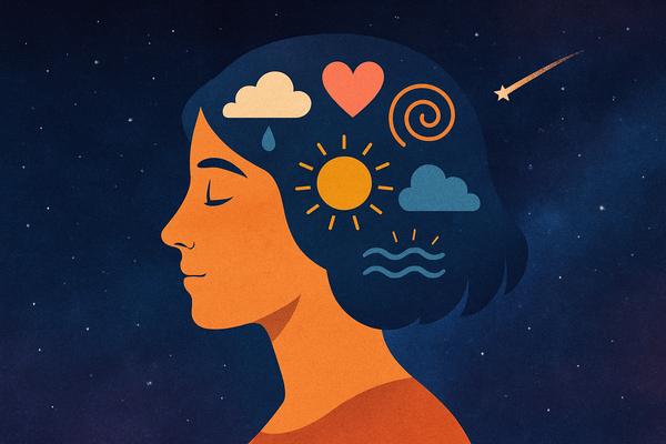 Illustration einer nach innen blickenden Frau mit Symbolen für Gefühle vor einem tiefblauen Weltraumhintergrund – Metapher für emotionale Standortbestimmung im Coaching.
