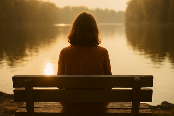 Frau sitzt bei Sonnenuntergang auf einer Bank am See und blickt ins Wasser – Symbol für Ruhe, Selbstreflexion und den Zugang zu persönlichen Ressourcen.