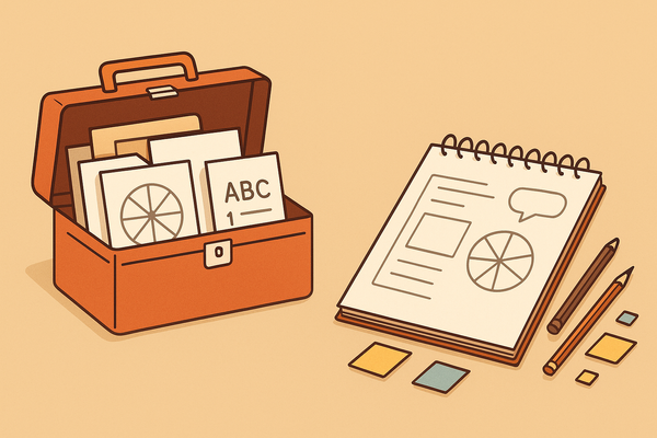 Illustration mit Werkzeugkasten voller Vorlagen und Skizzenbuch mit Zeichnungen – zeigt die Wahl zwischen fertigen Coaching-Tools und eigener Entwicklung.