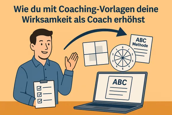 Illustration eines Coaches mit Coaching-Vorlagen: ABC-Methode, Lebensuhr und Wertequadrat im Einsatz – visuell dargestellt auf orangefarbenem Hintergrund im Querformat.