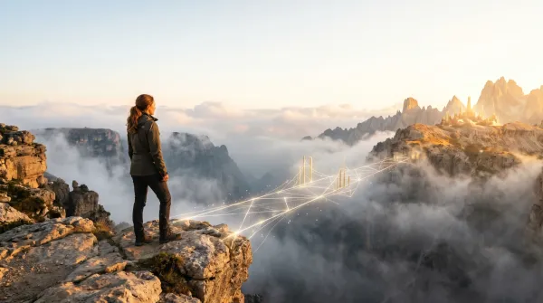 Eine Frau blickt von einer Klippe über ein Nebelmeer zu Bergen. Symbol für den Intention-Behavior-Gap im Coaching.