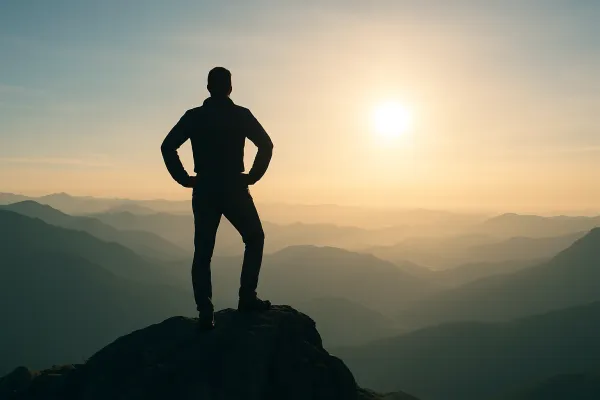 Silhouette eines Mannes auf einem Berggipfel im Sonnenaufgang – Symbol für Selbstbewusstsein, Wachstum und innere Klarheit.