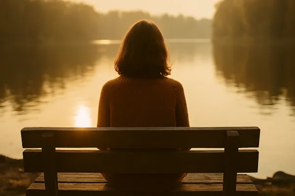 Frau sitzt bei Sonnenuntergang auf einer Bank am See und blickt ins Wasser – Symbol für Ruhe, Selbstreflexion und den Zugang zu persönlichen Ressourcen.