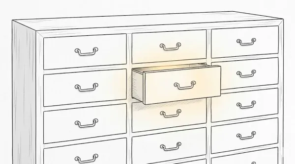 Skizze einer Kommode mit geschlossenen Schubladen und einer leicht geöffneten, aus der warmes Licht scheint – Sinnbild für Schubladendenken und innere Haltung im Coaching.